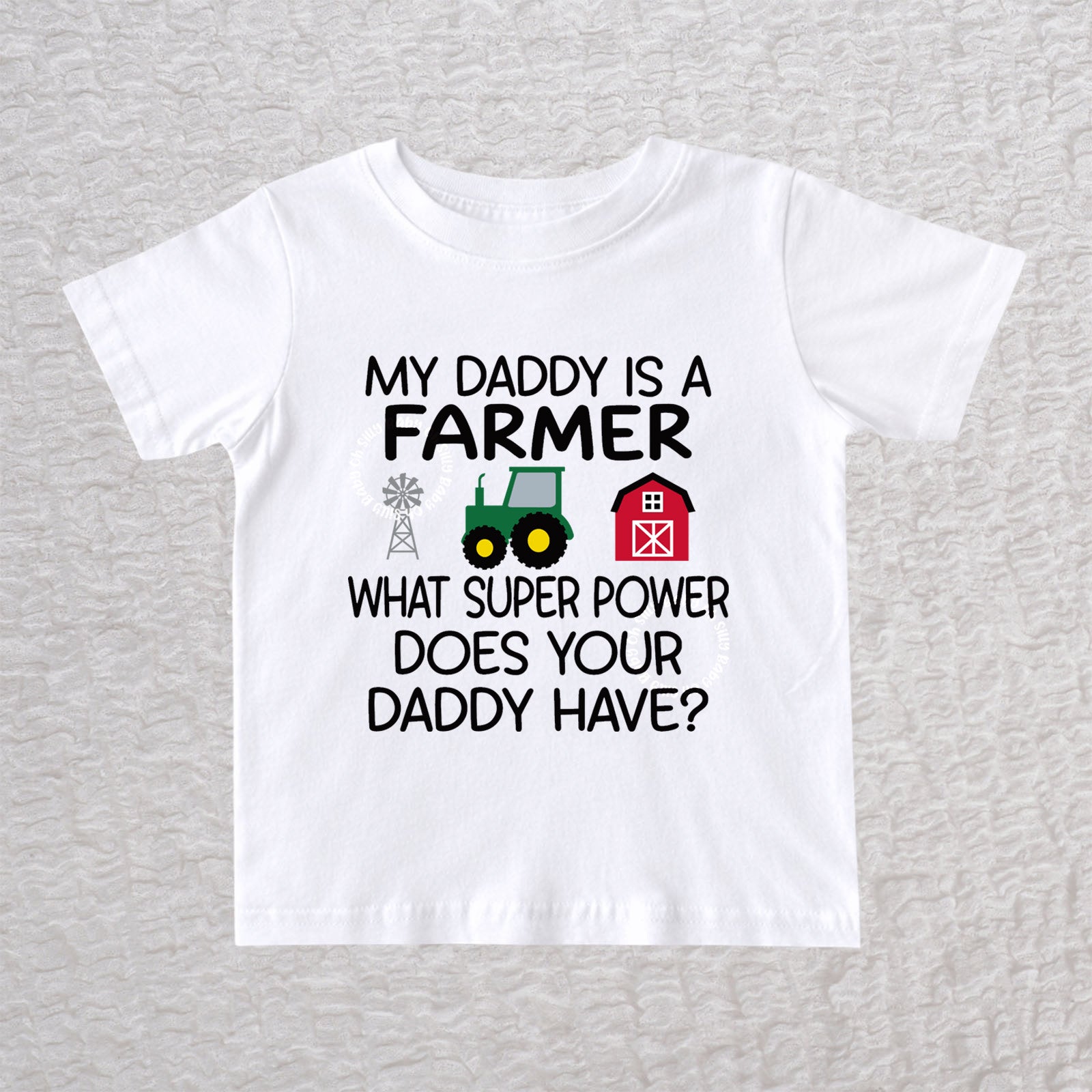 My Daddy Is a Farmer baby & toddler t-shirt in white with tractor, barn and windmill design