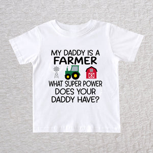 My Daddy Is a Farmer baby & toddler t-shirt in white with tractor, barn and windmill design