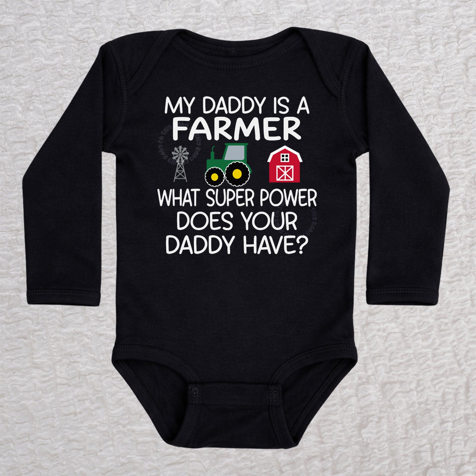 My Daddy Is a Farmer long sleeve baby bodysuit in black with tractor, barn, and windmill design