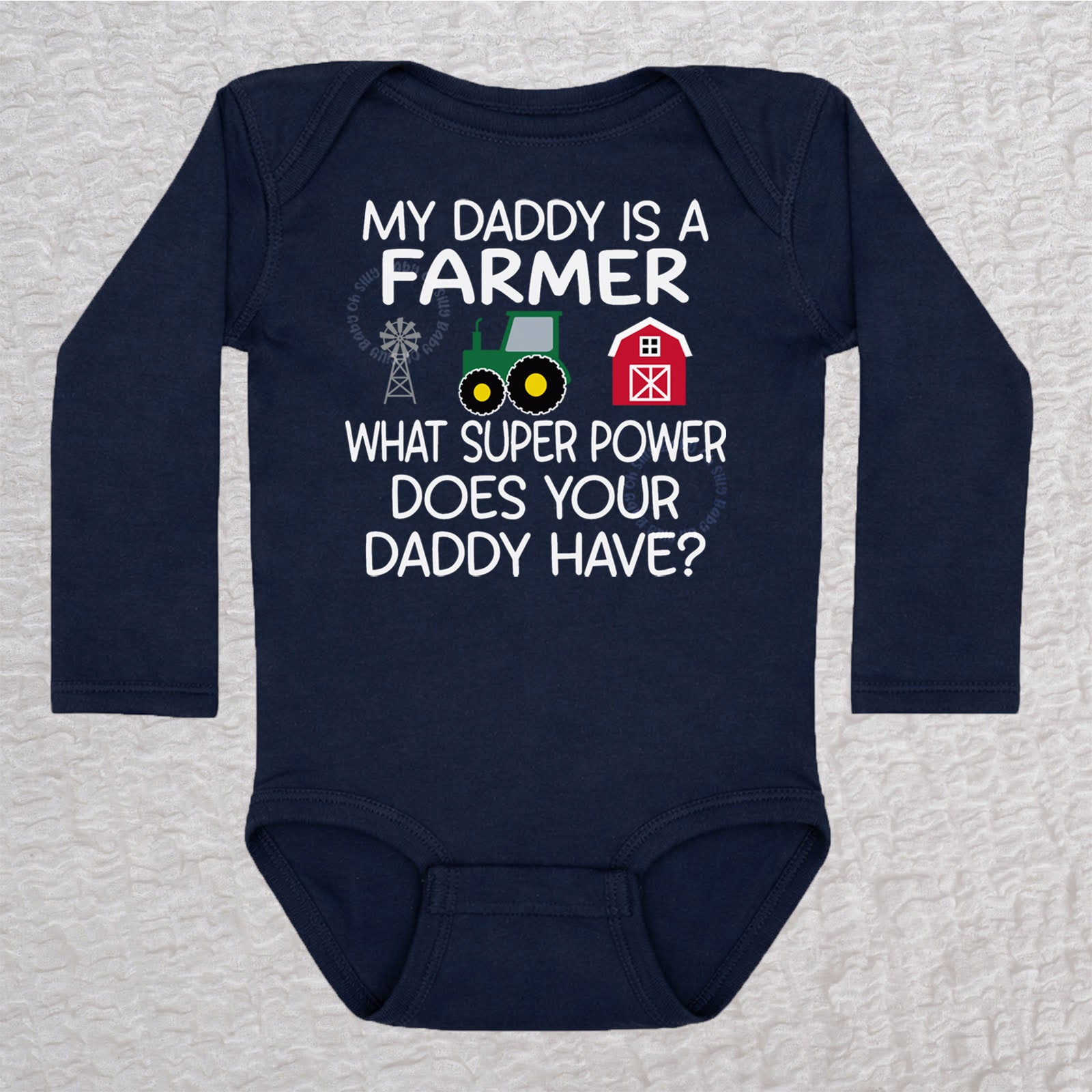 My Daddy Is a Farmer long sleeve baby bodysuit in navy with tractor, barn, and windmill design