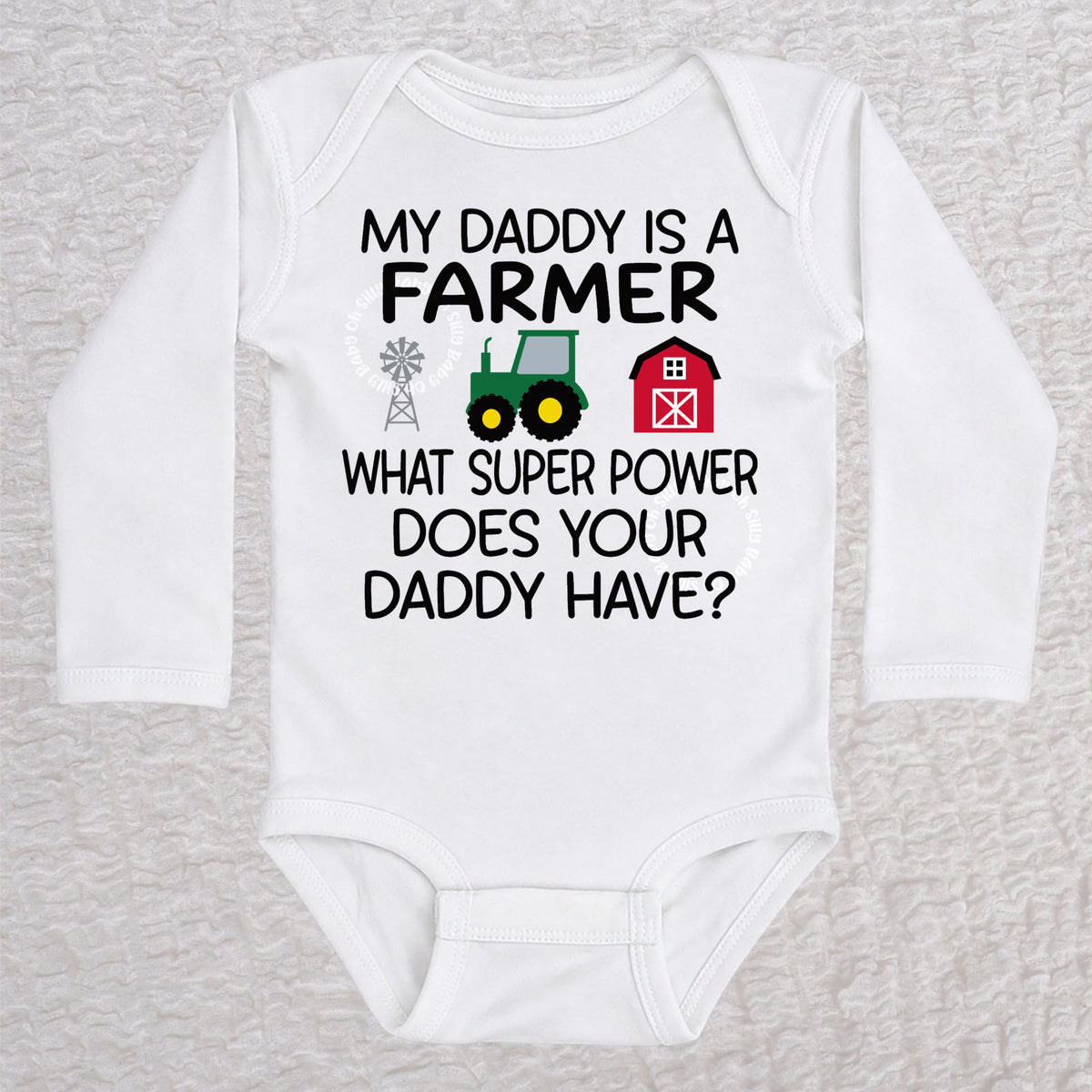 My Daddy Is a Farmer long sleeve baby bodysuit in white with tractor, barn, and windmill design