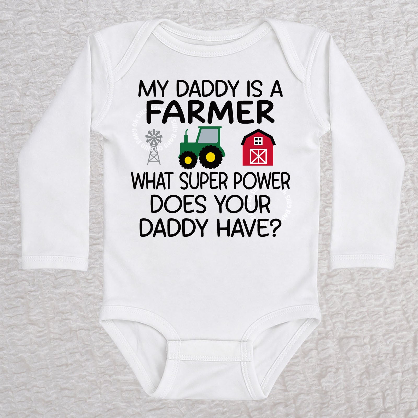 My Daddy Is a Farmer long sleeve baby bodysuit in white with tractor, barn, and windmill design