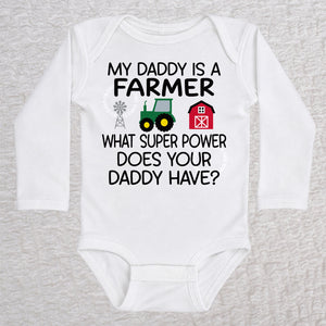 My Daddy Is a Farmer long sleeve baby bodysuit in white with tractor, barn, and windmill design