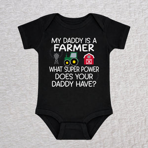 My Daddy Is a Farmer short sleeve baby bodysuit in black with tractor, barn, and windmill design