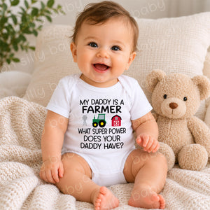 Baby wearing My Daddy Is A Farmer personalized baby bodysuit with tractor, barn, and windmill design