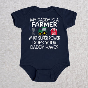 My Daddy Is a Farmer short sleeve baby bodysuit in navy with tractor, barn, and windmill design