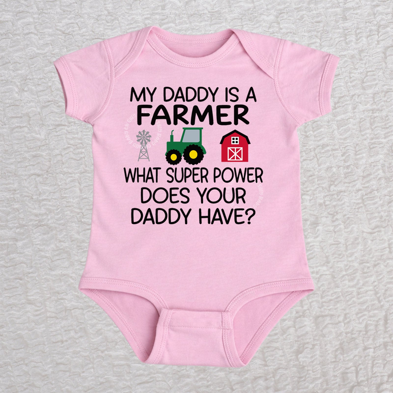 My Daddy Is a Farmer short sleeve baby bodysuit in pink with tractor, barn, and windmill design