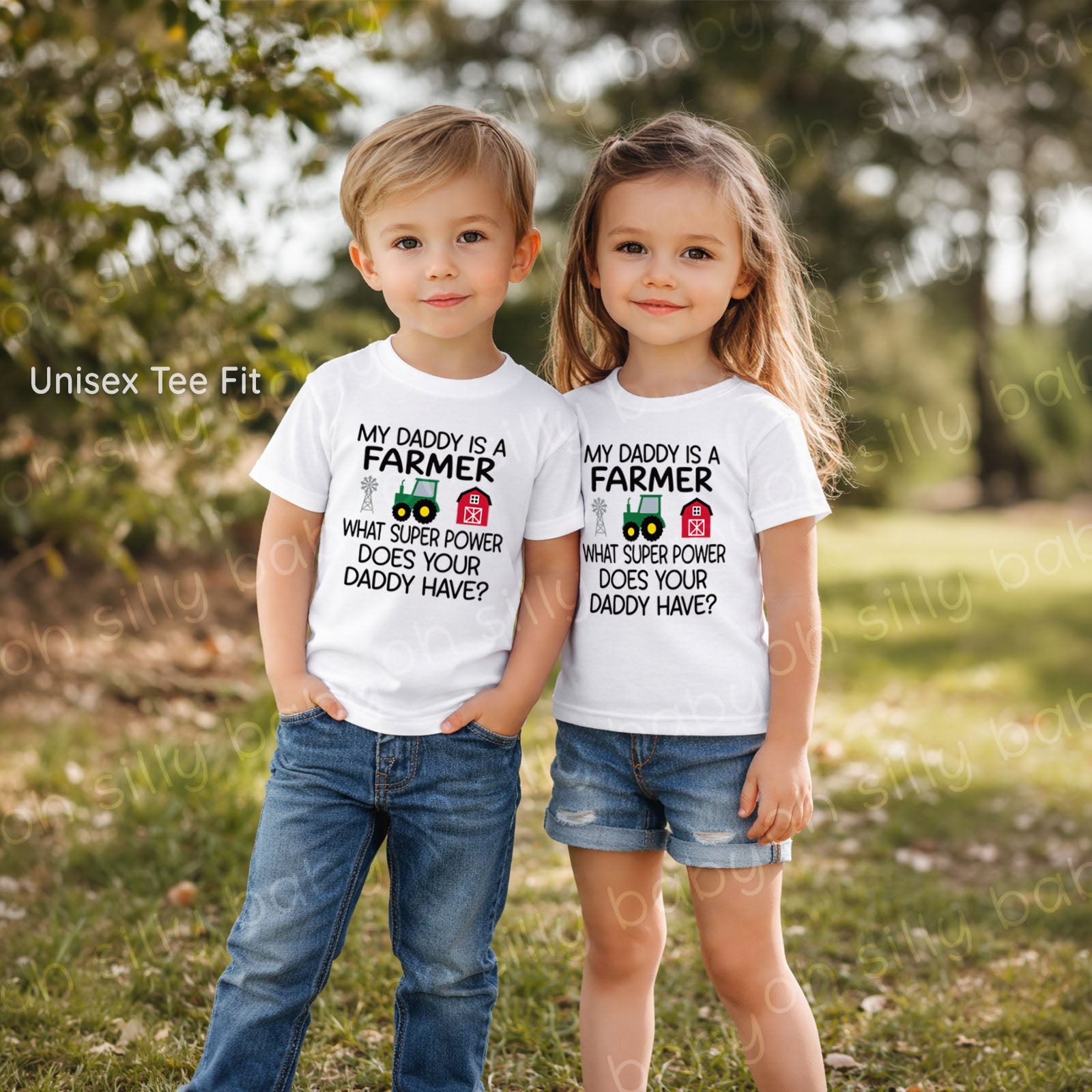Boy and girl wearing My Daddy Is a Farmer baby and toddler unisex t-shirts