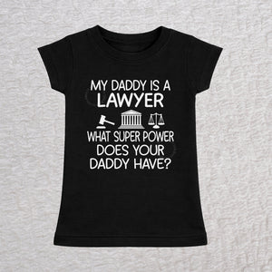 My Daddy Is a Lawyer girls fit baby and toddler t-shirt in black featuring a gavel, courthouse, and scales of justice design