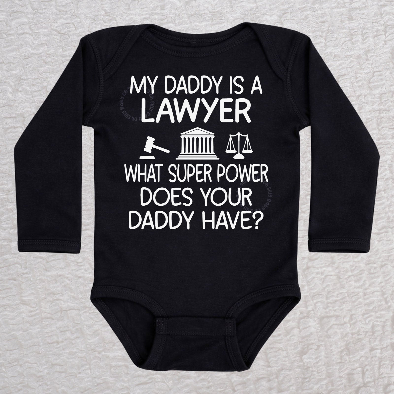 My Daddy Is a Lawyer long sleeve baby bodysuit in black featuring a gavel, courthouse, and scales of justice design