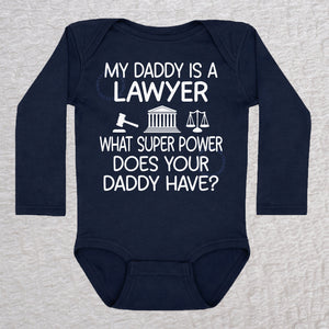 My Daddy Is a Lawyer long sleeve baby bodysuit in navy featuring a gavel, courthouse, and scales of justice design