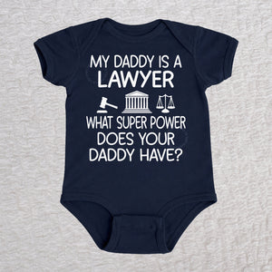 My Daddy Is a Lawyer short sleeve baby bodysuit in navy featuring a gavel, courthouse, and scales of justice design