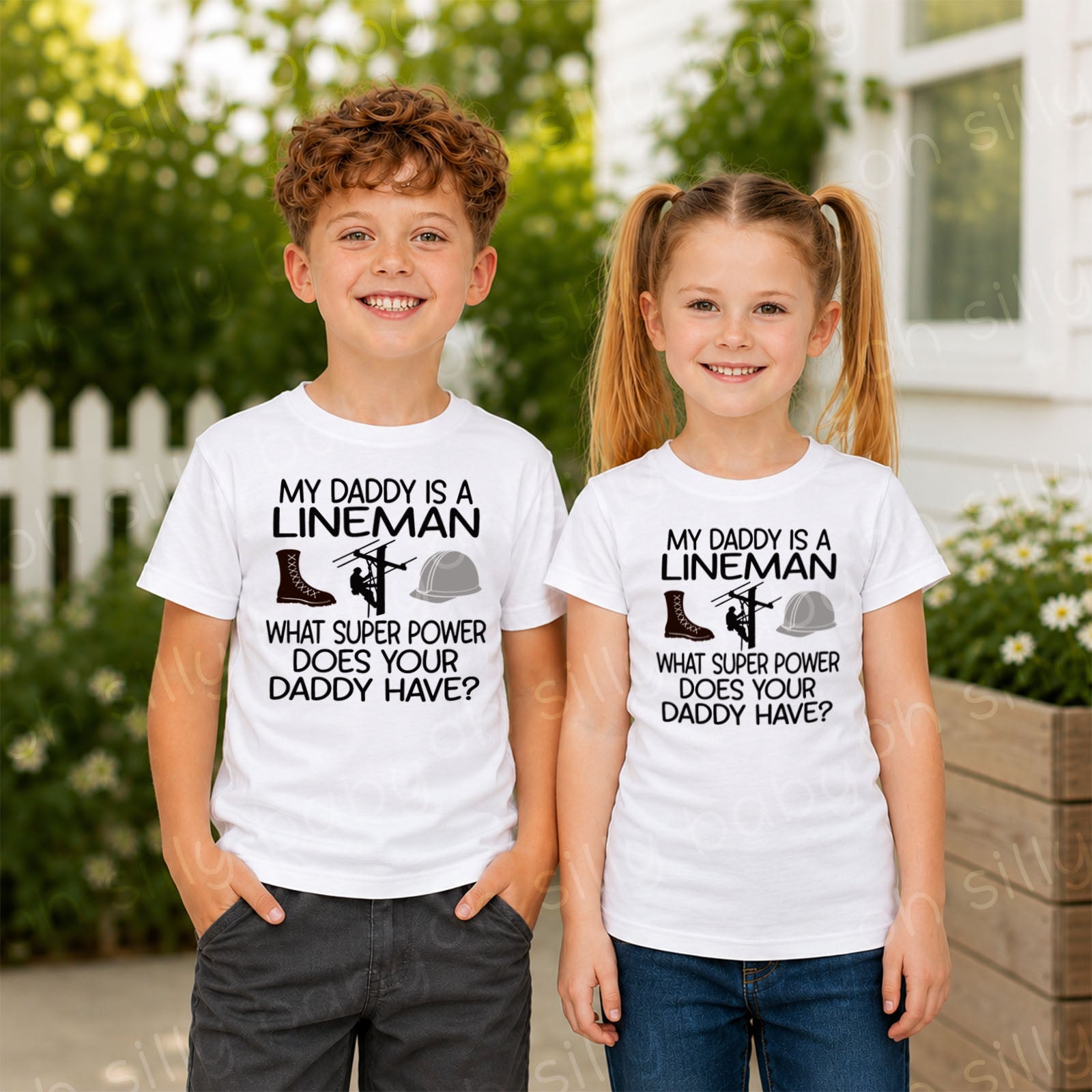 Boy and girl wearing My Daddy Is a Lineman personalized infant and toddler t-shirts