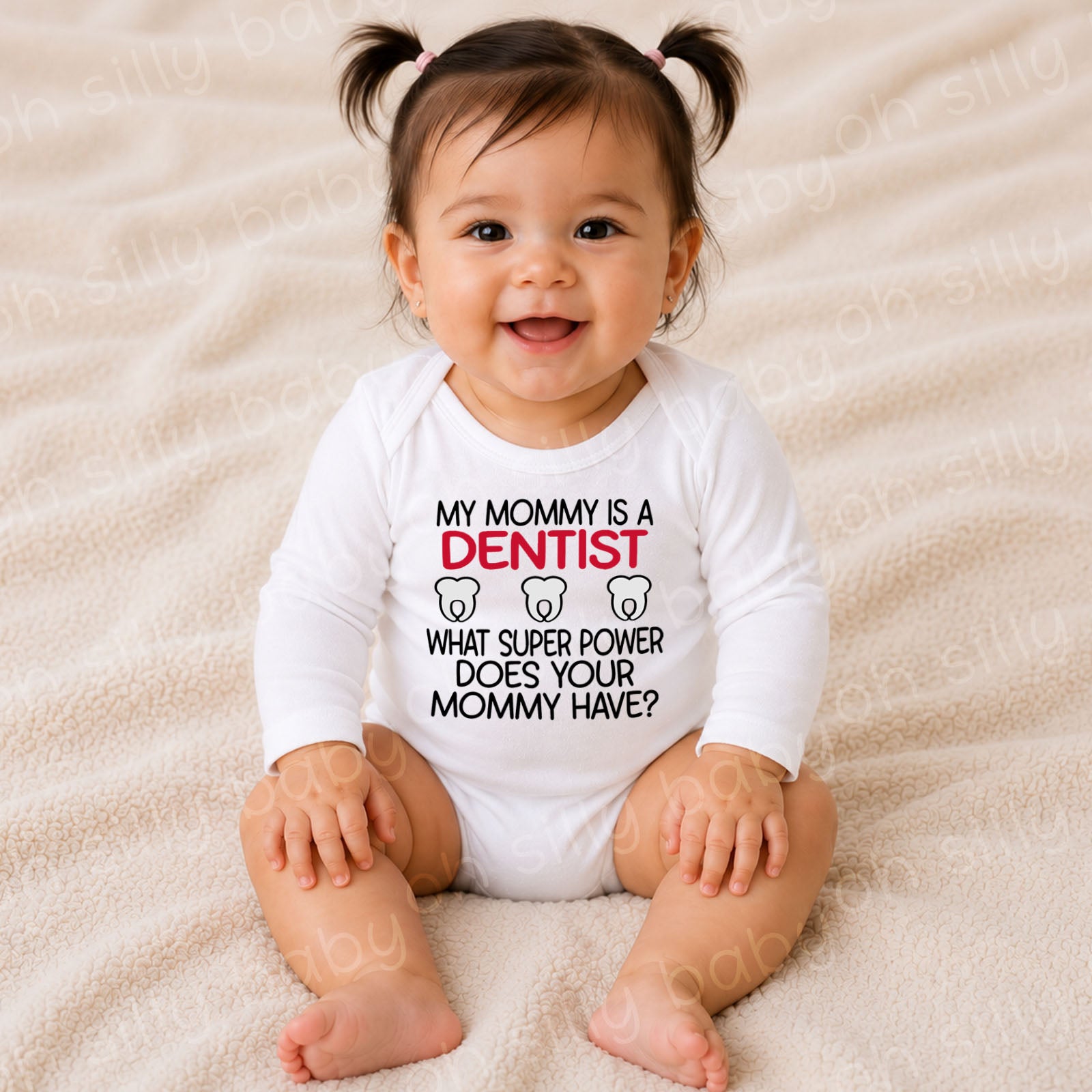 Baby wearing a My Mommy Is a Dentist personalized baby bodysuit
