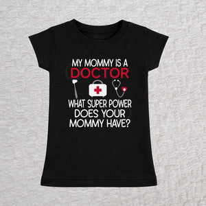 My Mommy Is a Doctor girls fit baby and toddler t-shirt in black featuring a reflex hammer, doctor's bag, and stethoscope design