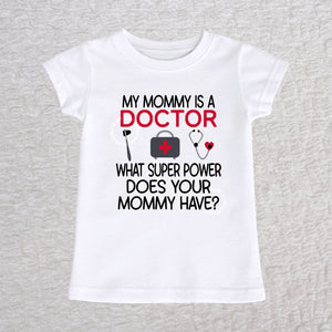 My Mommy Is a Doctor girls fit baby and toddler t-shirt in white featuring a reflex hammer, doctor's bag, and stethoscope design
