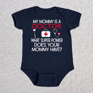 My Mommy Is a Doctor short sleeve baby bodysuit in navy featuring a reflex hammer, doctor's bag, and stethoscope design