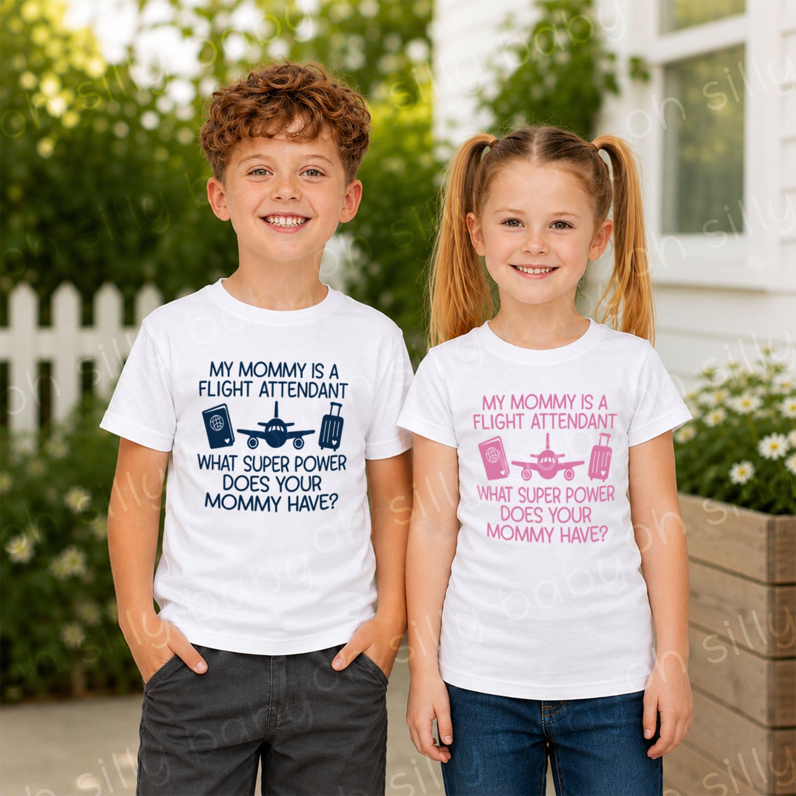 Children wearing My Mommy Is a Flight Attendant t-shirts in unisex and girls fit styles featuring an airplane, passport, and suitcase design