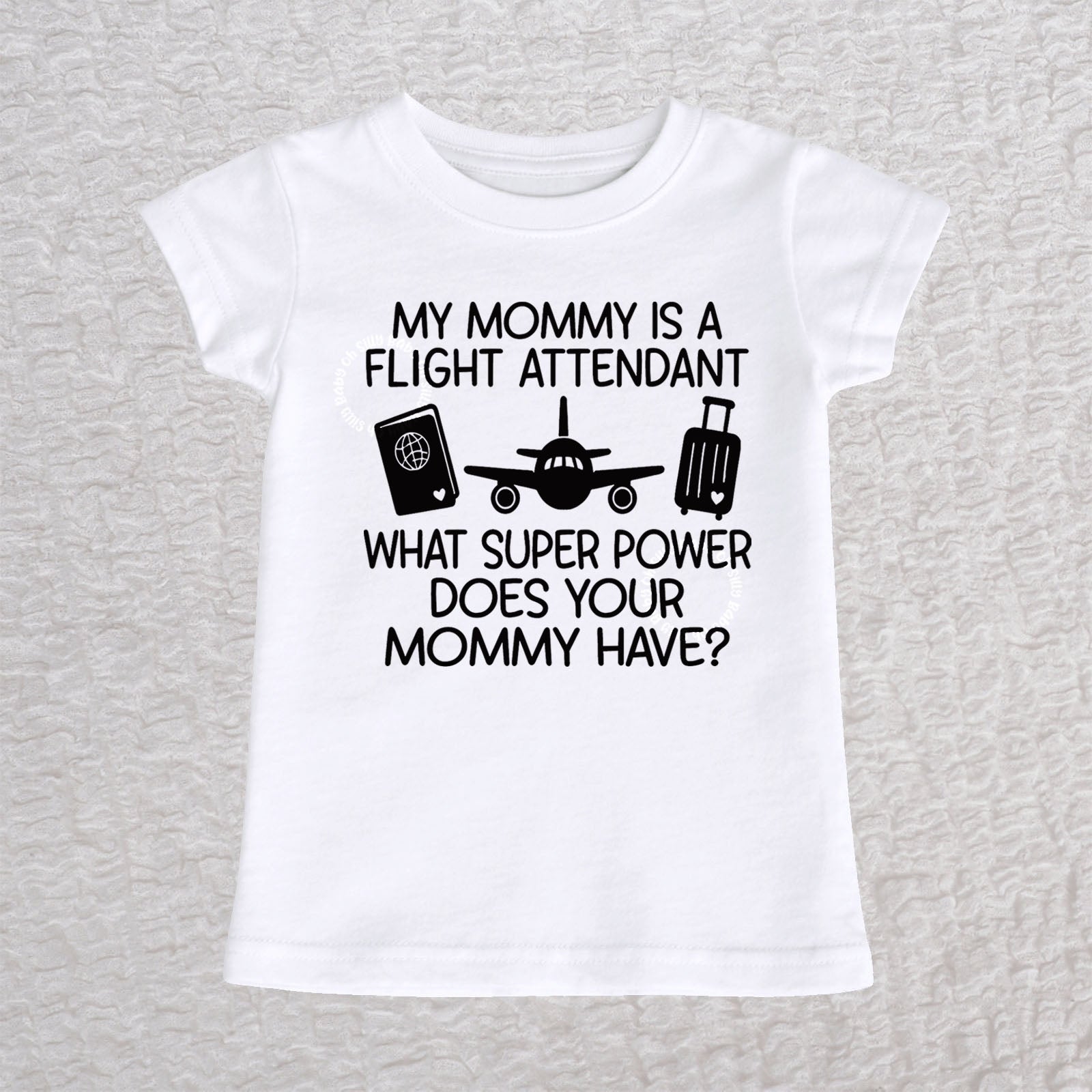 My Mommy Is a Flight Attendant girls fit baby and toddler t-shirt in white featuring an airplane, passport, and suitcase design