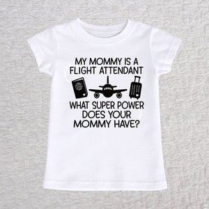 My Mommy Is a Flight Attendant girls fit baby and toddler t-shirt in white featuring an airplane, passport, and suitcase design