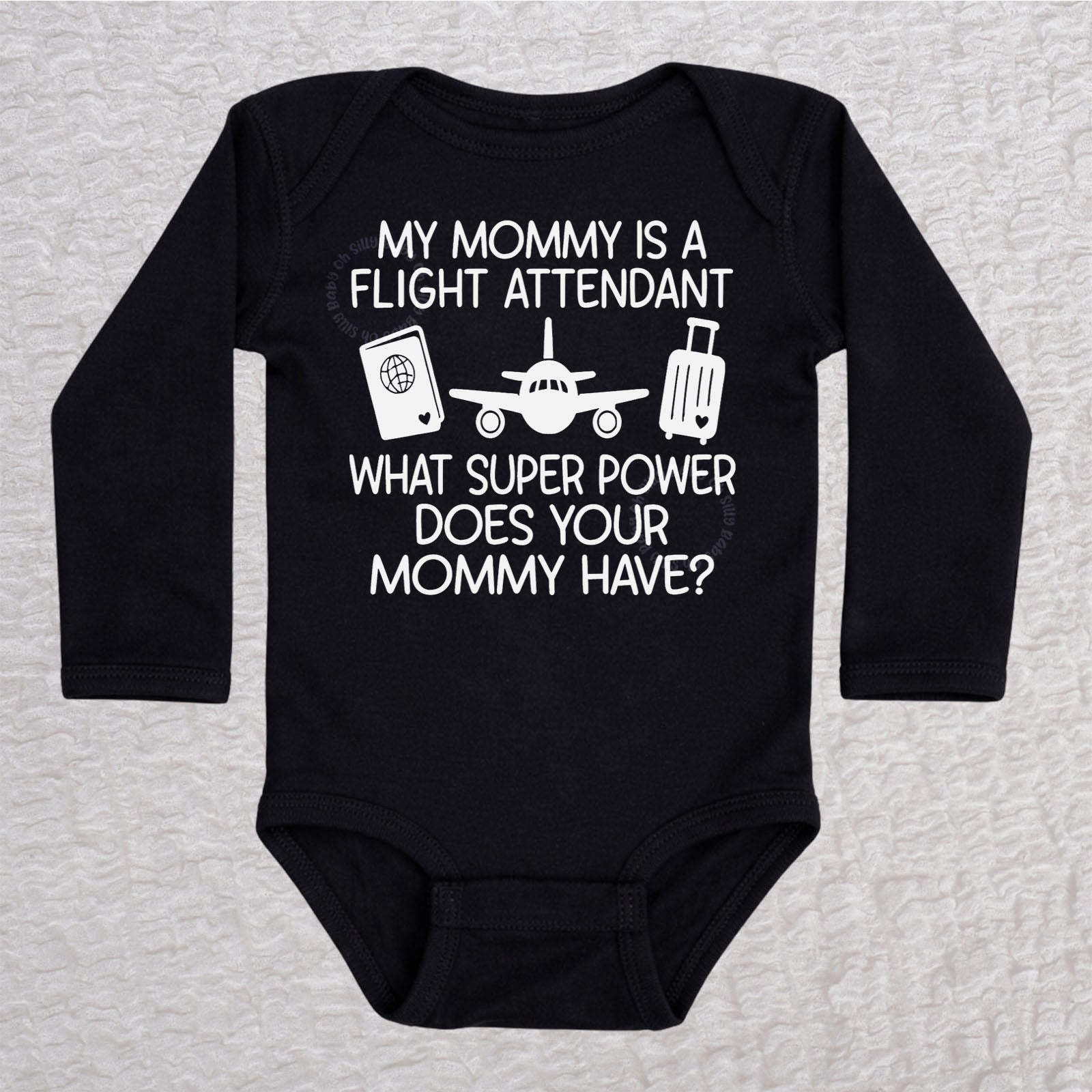 My Mommy Is a Flight Attendant long sleeve baby bodysuit in black featuring an airplane, passport, and suitcase design