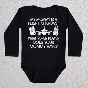 My Mommy Is a Flight Attendant long sleeve baby bodysuit in black featuring an airplane, passport, and suitcase design