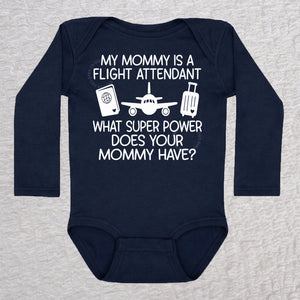 My Mommy Is a Flight Attendant long sleeve baby bodysuit in navy featuring an airplane, passport, and suitcase design