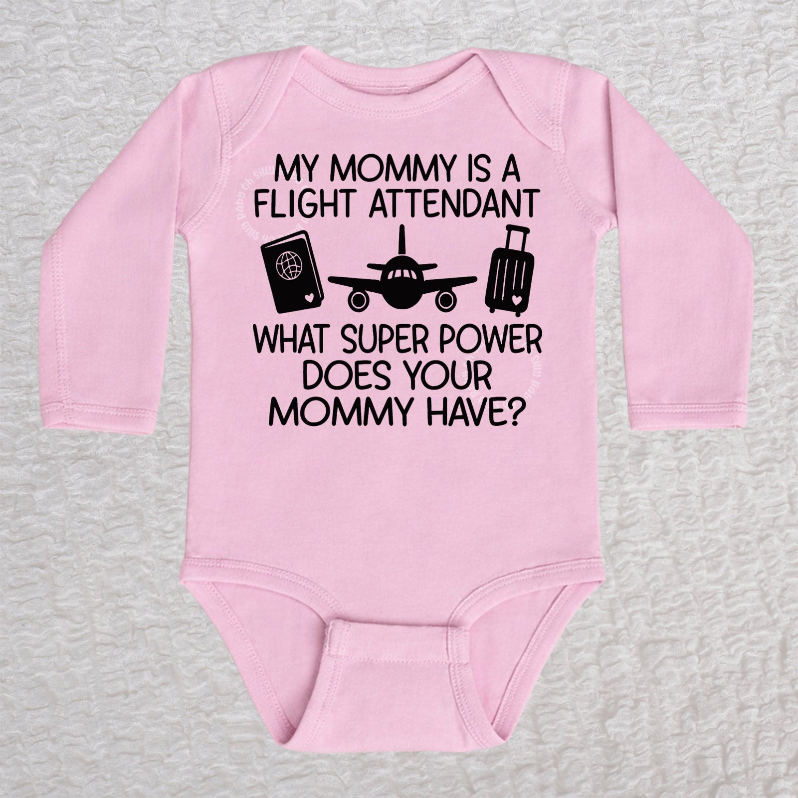 My Mommy Is a Flight Attendant long sleeve baby bodysuit in pink featuring an airplane, passport, and suitcase design