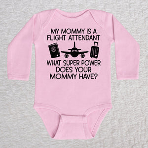 My Mommy Is a Flight Attendant long sleeve baby bodysuit in pink featuring an airplane, passport, and suitcase design