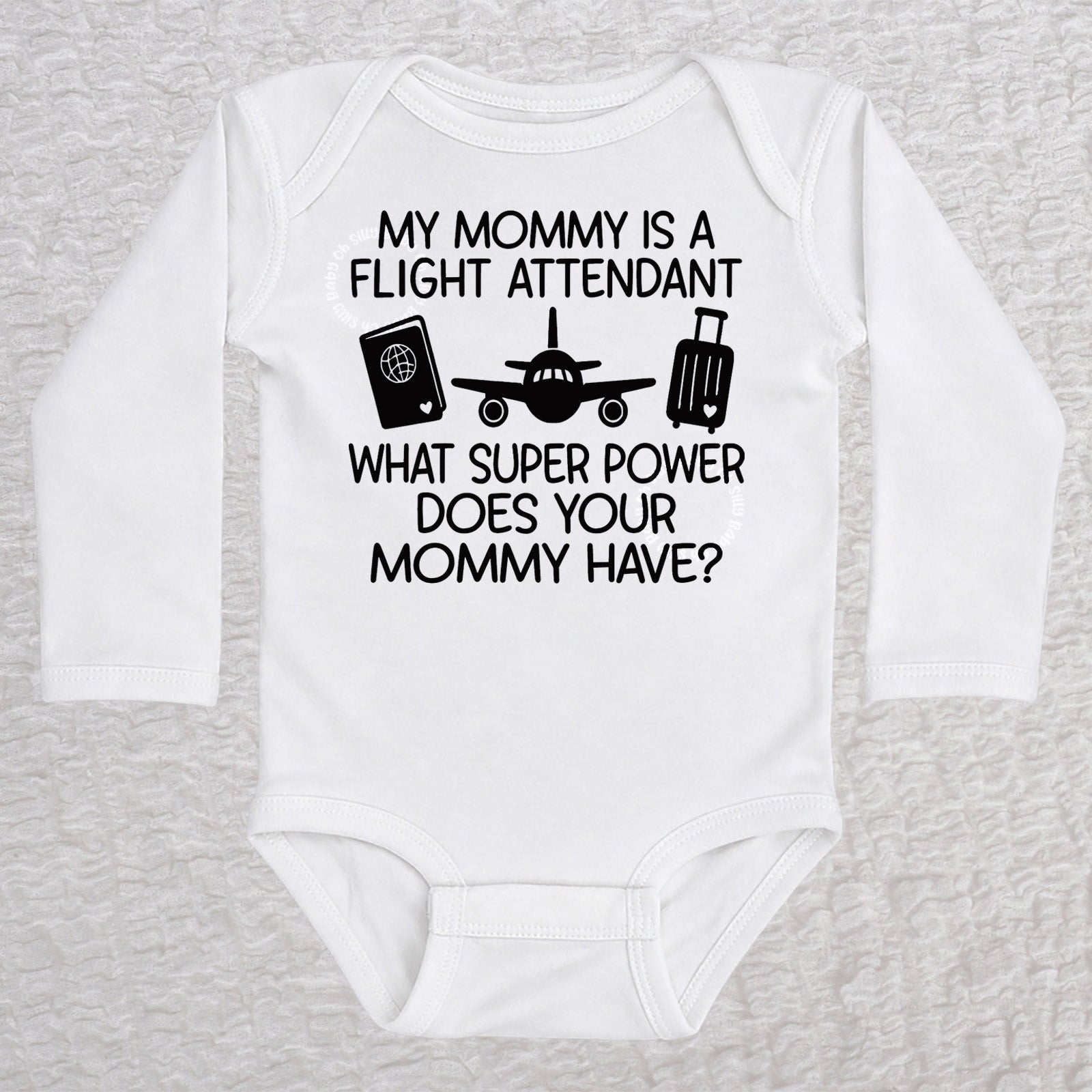 My Mommy Is a Flight Attendant long sleeve baby bodysuit in white featuring an airplane, passport, and suitcase design