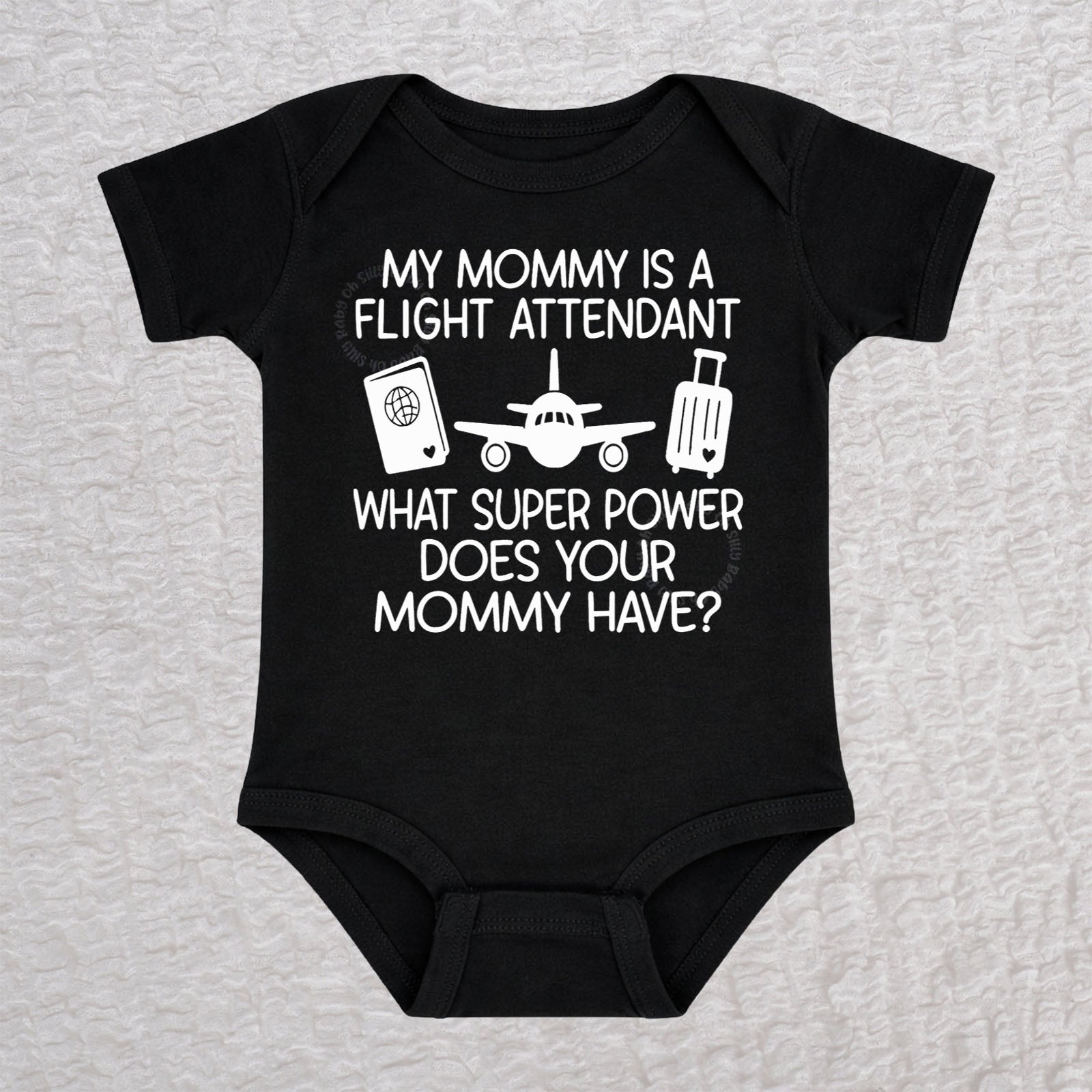 My Mommy Is a Flight Attendant short sleeve baby bodysuit in black featuring an airplane, passport, and suitcase design