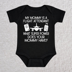 My Mommy Is a Flight Attendant short sleeve baby bodysuit in black featuring an airplane, passport, and suitcase design