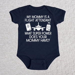 My Mommy Is a Flight Attendant short sleeve baby bodysuit in navy featuring an airplane, passport, and suitcase design