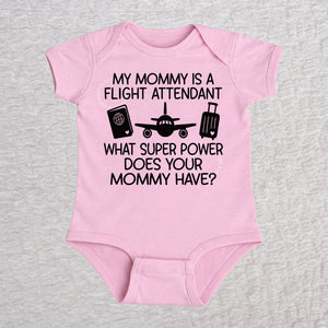 My Mommy Is a Flight Attendant short sleeve baby bodysuit in pink featuring an airplane, passport, and suitcase design