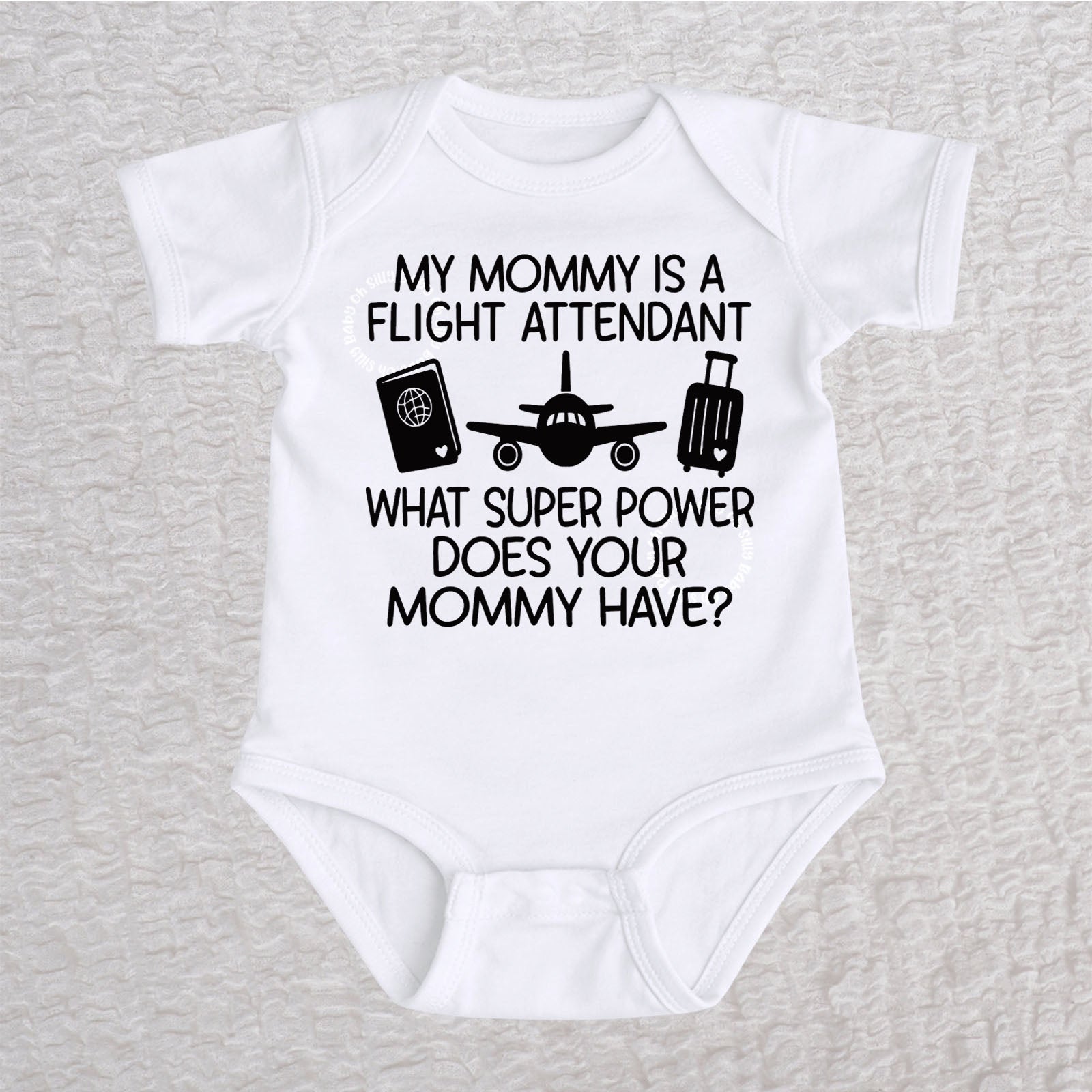 My Mommy Is a Flight Attendant short sleeve baby bodysuit in white featuring an airplane, passport, and suitcase design