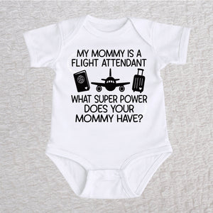 My Mommy Is a Flight Attendant short sleeve baby bodysuit in white featuring an airplane, passport, and suitcase design