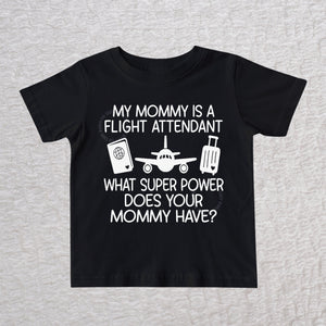 My Mommy Is a Flight Attendant unisex baby and toddler t-shirt in black featuring an airplane, passport, and suitcase design