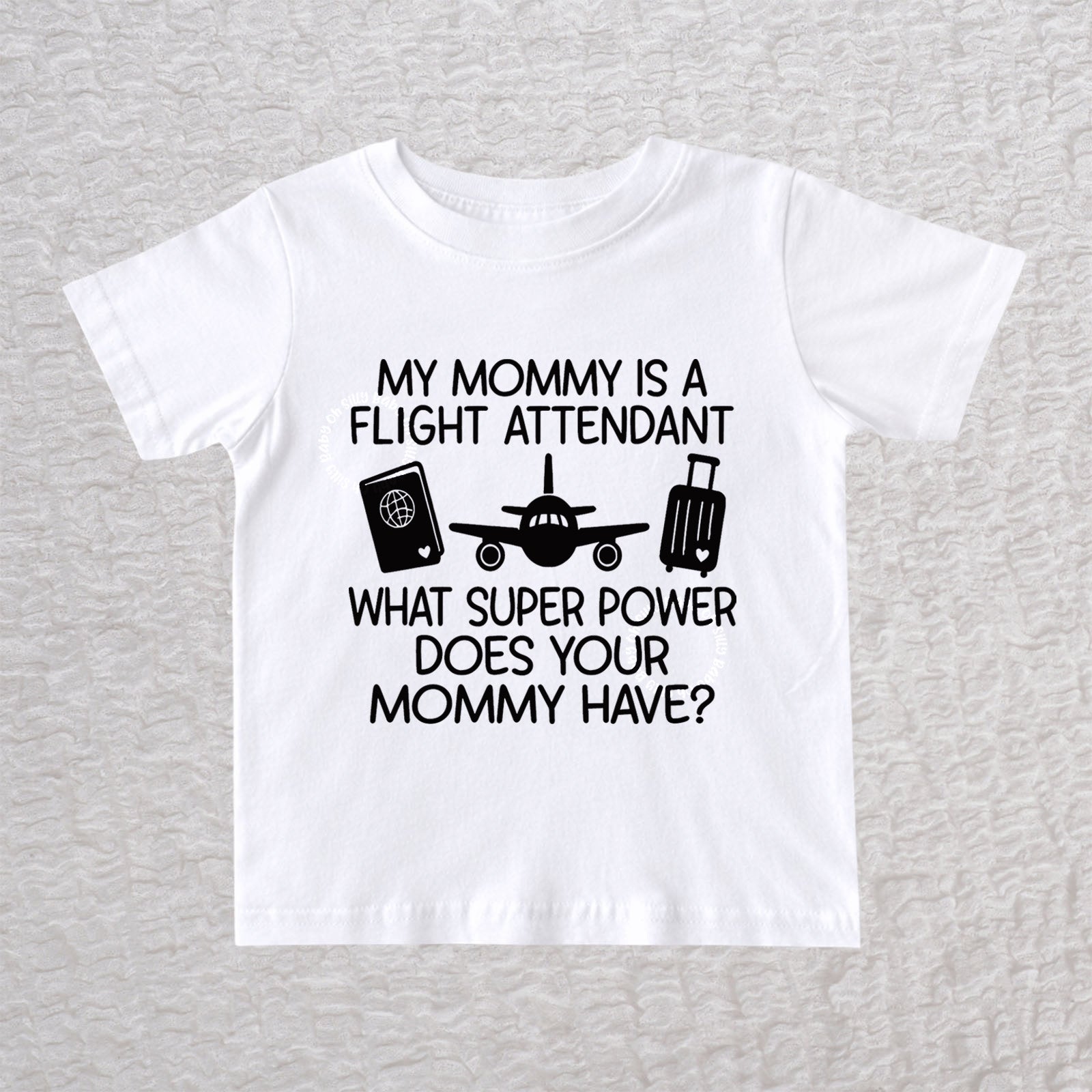 My Mommy Is a Flight Attendant unisex baby and toddler t-shirt in white featuring an airplane, passport, and suitcase design