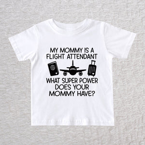 My Mommy Is a Flight Attendant unisex baby and toddler t-shirt in white featuring an airplane, passport, and suitcase design