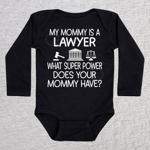 My Mommy Is a Lawyer long sleeve baby bodysuit in black featuring a gavel, courthouse, and scales of justice design