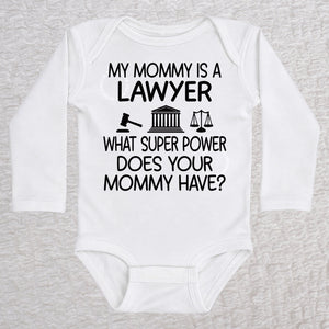 My Mommy Is a Lawyer long sleeve baby bodysuit in white featuring a gavel, courthouse, and scales of justice design