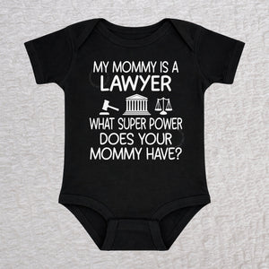 My Mommy Is a Lawyer short sleeve baby bodysuit in black featuring a gavel, courthouse, and scales of justice design