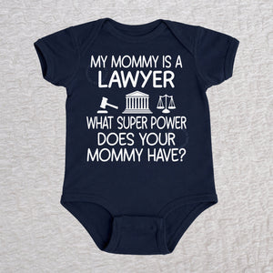 My Mommy Is a Lawyer short sleeve baby bodysuit in navy featuring a gavel, courthouse, and scales of justice design