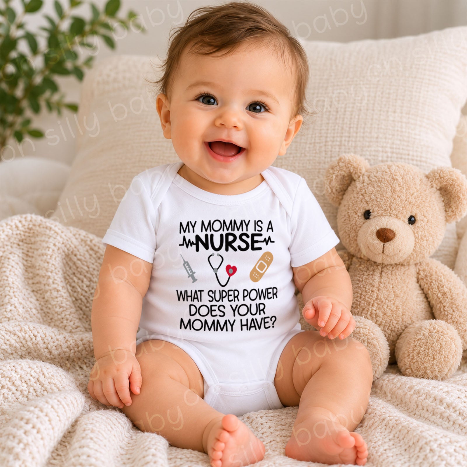 Baby wearing My Mommy Is a Nurse personalized baby bodysuit with stethoscope, heartbeat line, syringe and bandage design