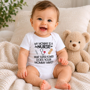 Baby wearing My Mommy Is a Nurse personalized baby bodysuit with stethoscope, heartbeat line, syringe and bandage design