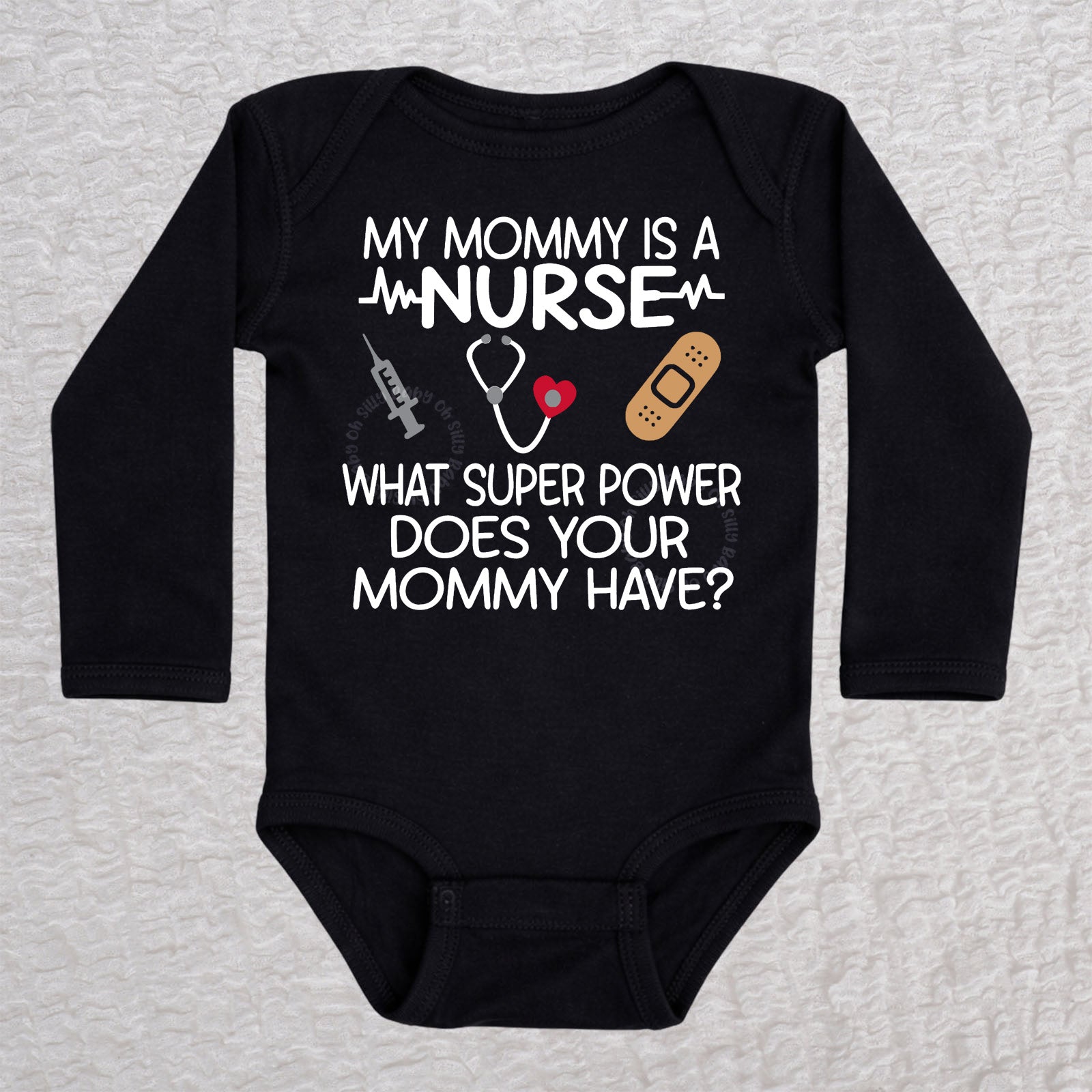 My Mommy Is a Nurse long sleeve baby bodysuit in black with stethoscope, heartbeat line, syringe and bandage design