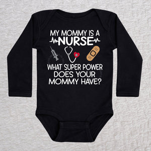 My Mommy Is a Nurse long sleeve baby bodysuit in black with stethoscope, heartbeat line, syringe and bandage design
