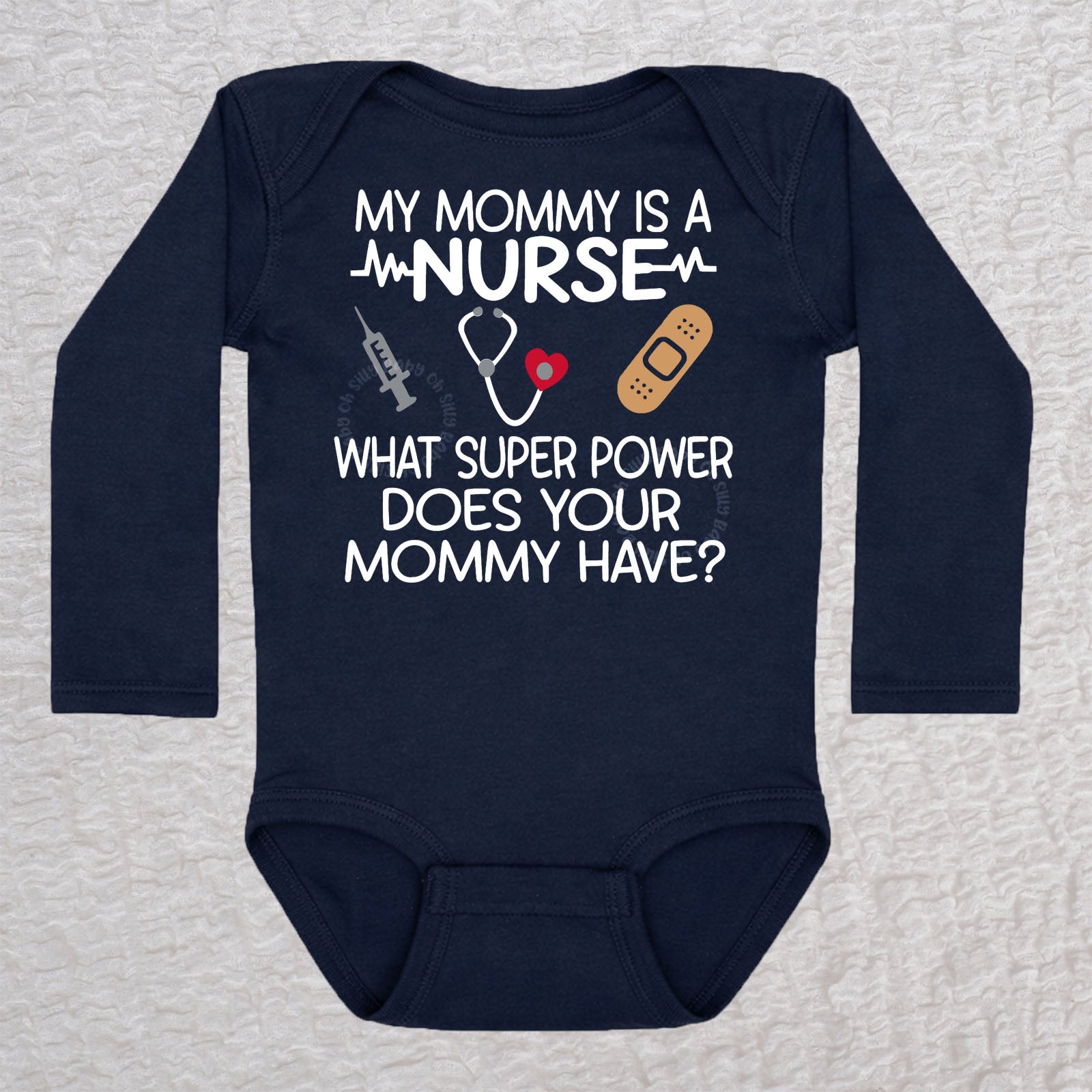My Mommy Is a Nurse long sleeve baby bodysuit in navy with stethoscope, heartbeat line, syringe and bandage design