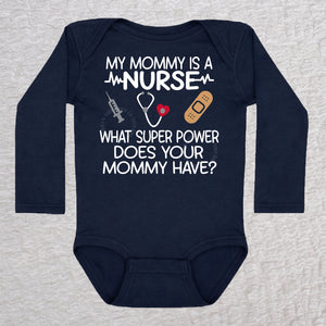 My Mommy Is a Nurse long sleeve baby bodysuit in navy with stethoscope, heartbeat line, syringe and bandage design