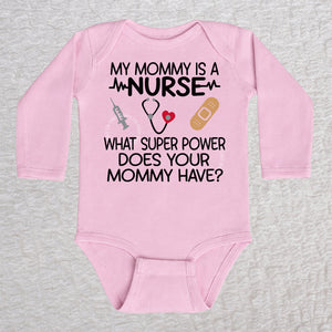 My Mommy Is a Nurse long sleeve baby bodysuit in pink with stethoscope, heartbeat line, syringe and bandage design